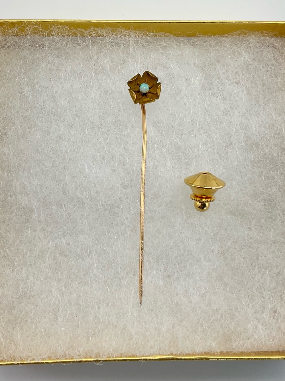Opal Flower Stick Pin, Vintage to Antique, Art Nouveau, Gold Vermeil - Picture 6 of 11